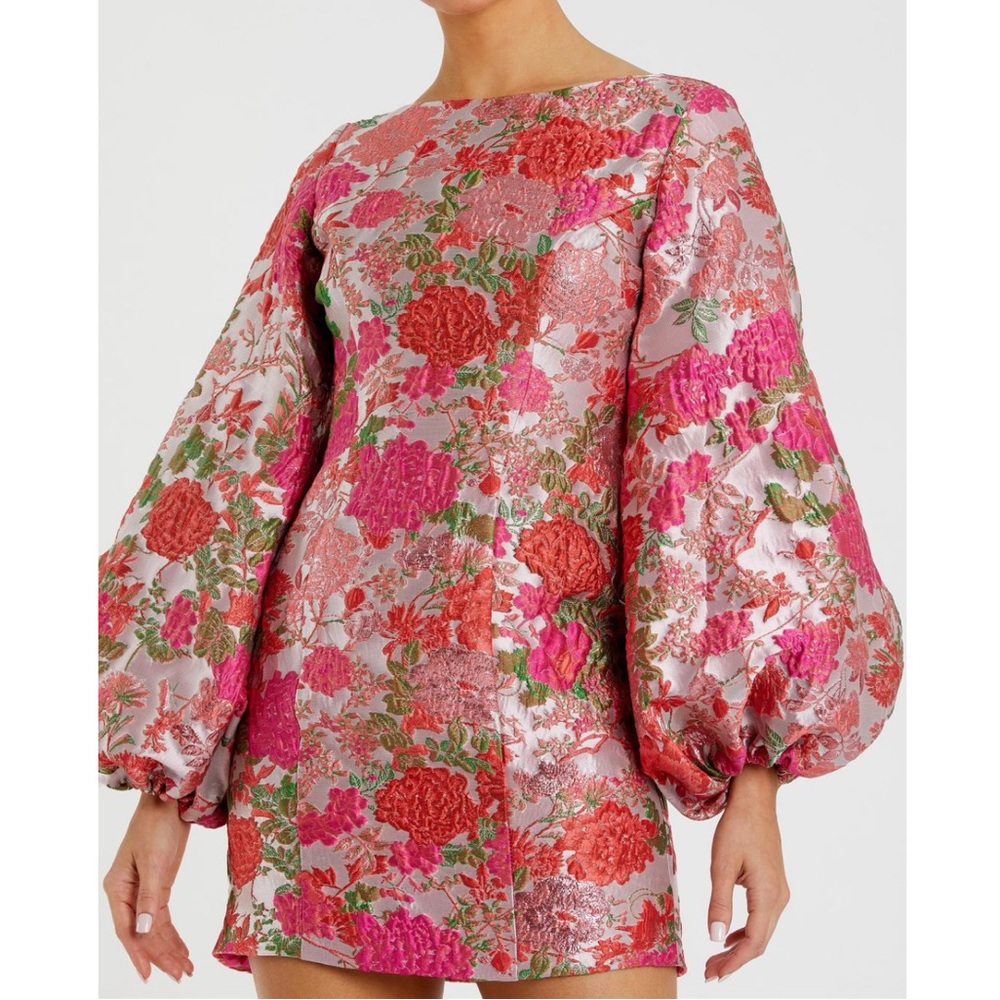 Mac Duggal by Ieena Pink Floral Brocade Balloon Sleeve Mini Dress - Picture 10 of 16